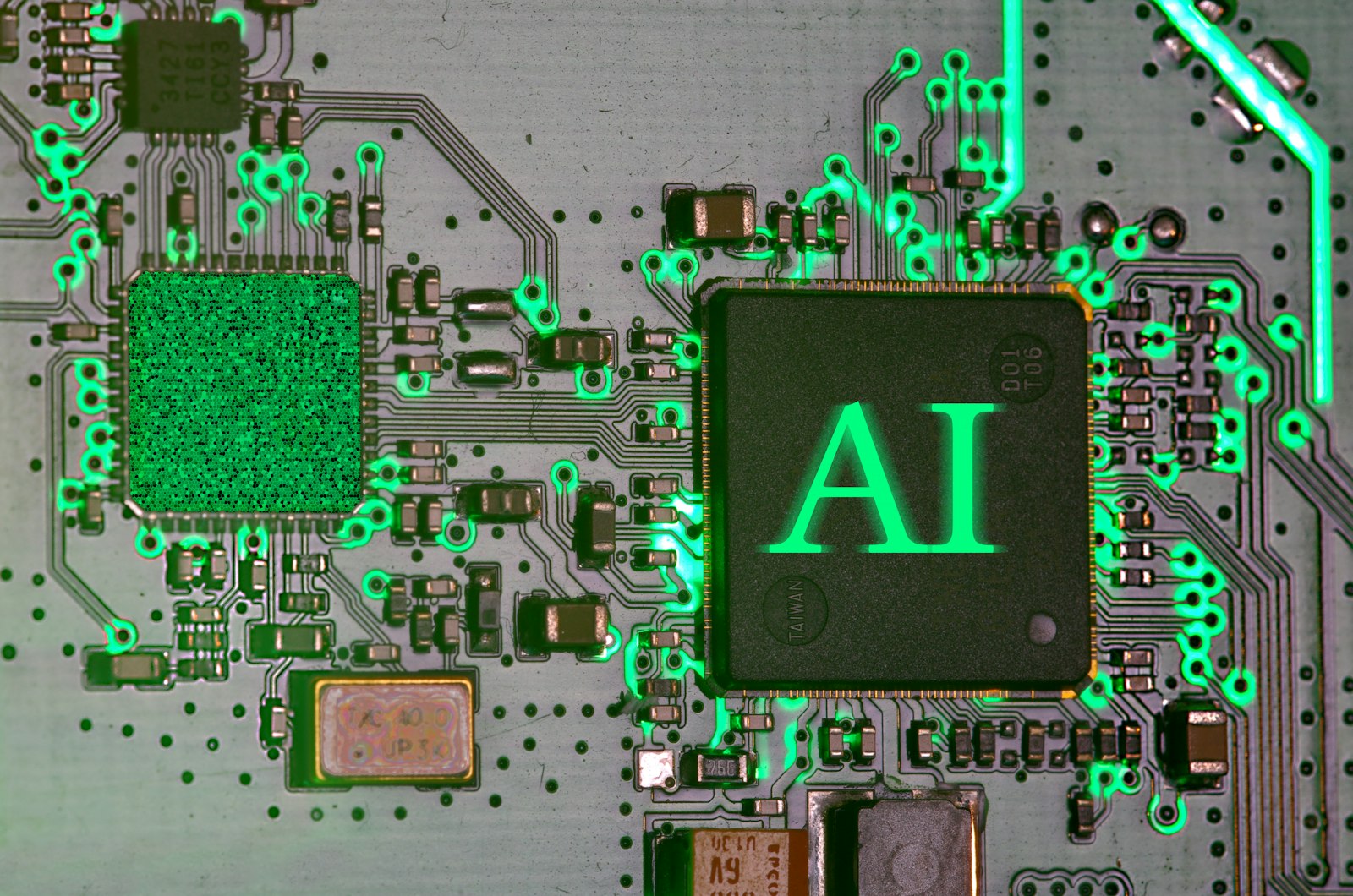 回路基板上で発光するAIチップのクローズアップ