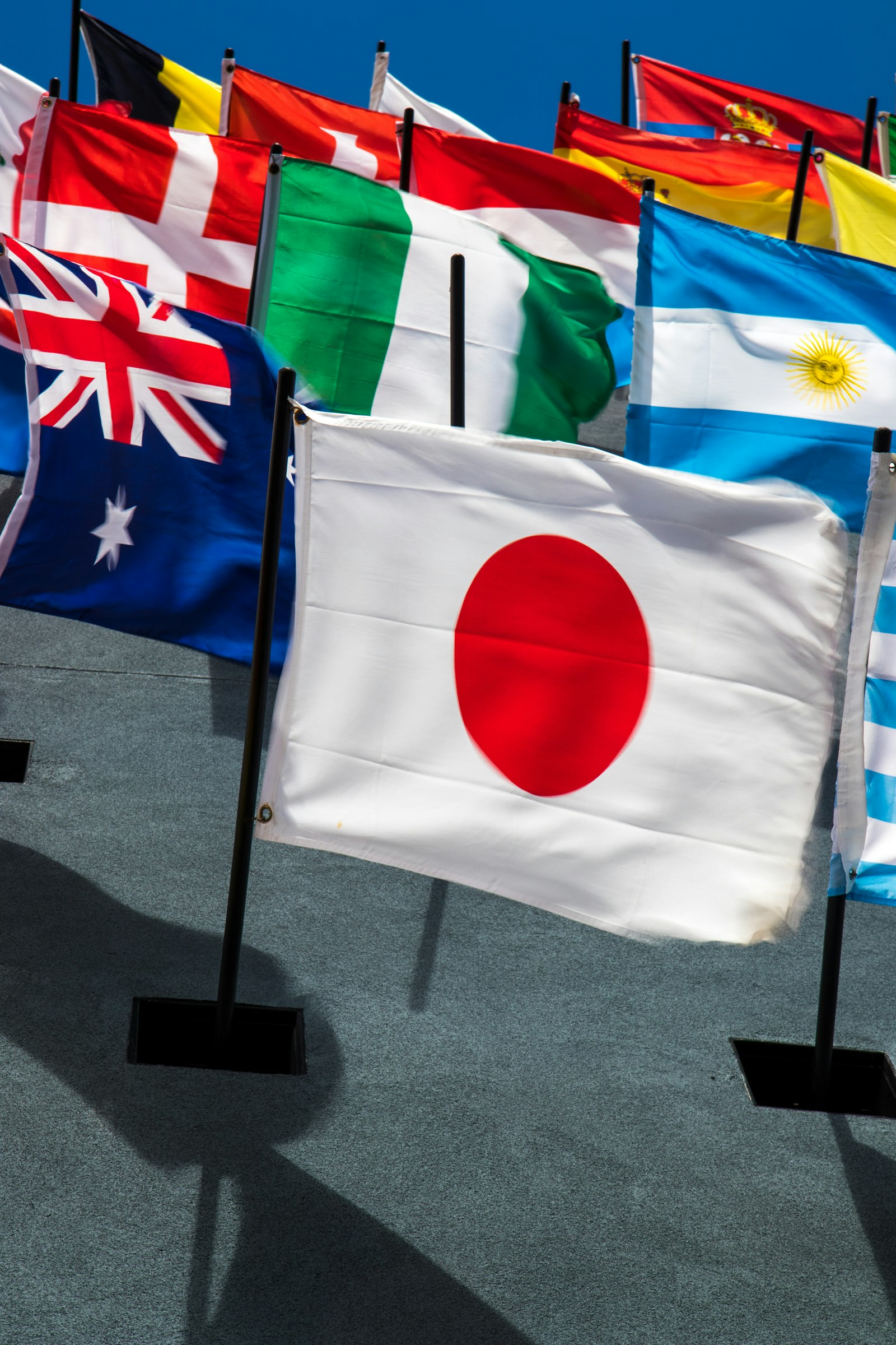 壁に並ぶ各国のカラフルな国旗