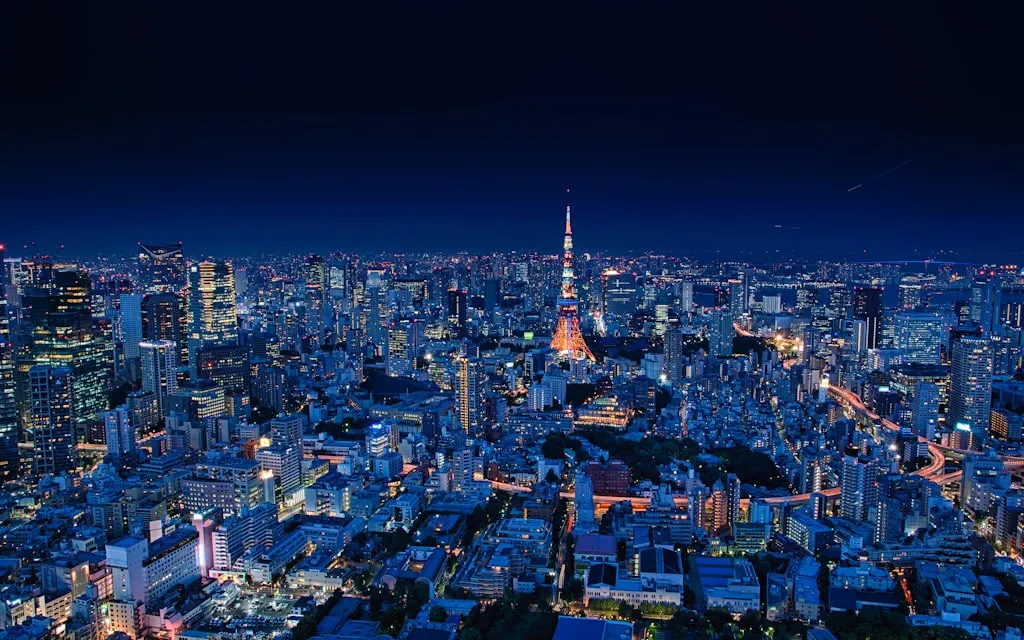 夜の東京都市部を高所から俯瞰した航空写真、無数の照明が輝くビジネス街と住宅地